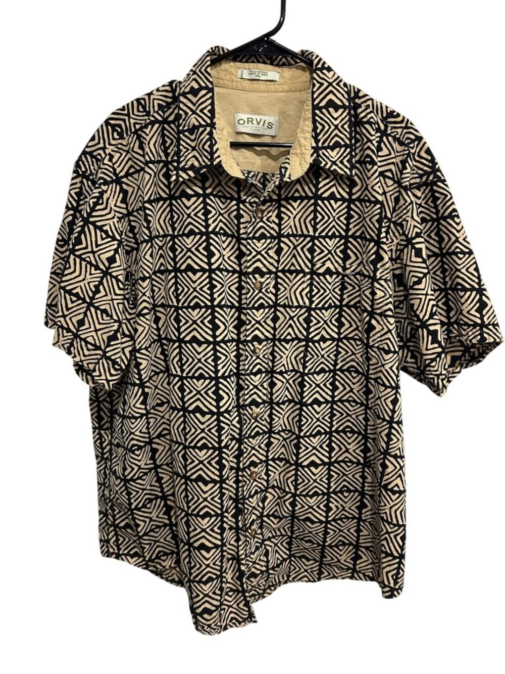 Orvis Mens Beige Black Geometric Short Sleeve Button-Up Shirt Sz XXL Naturecore